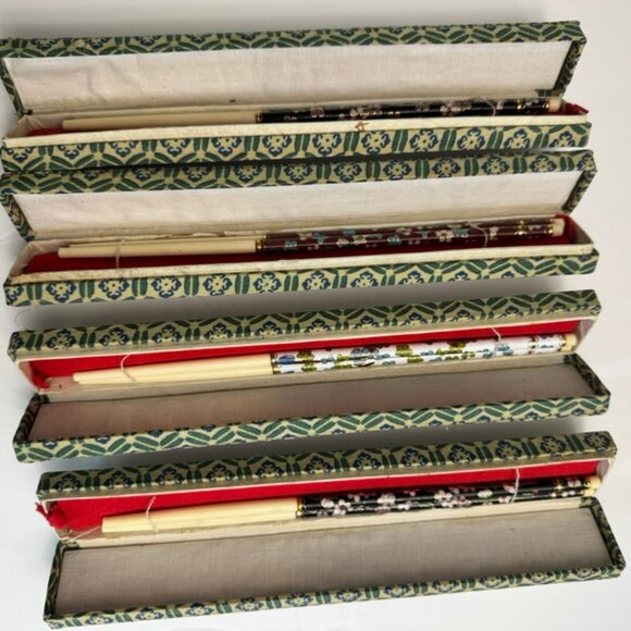 4 Vtg Sets Cloisonne Enamel Inlay Chopsticks in Original Silk Boxes, 8.5”Long - Picture 9 of 9